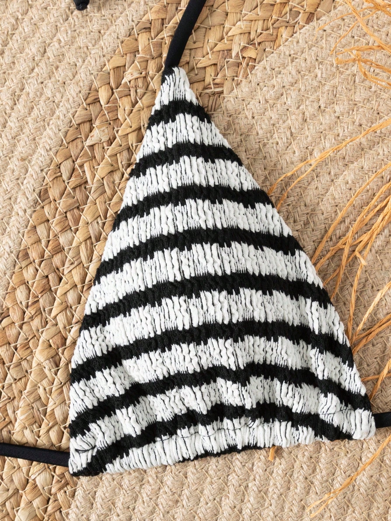 Black and White Striped Pleated Halter Bikini Set