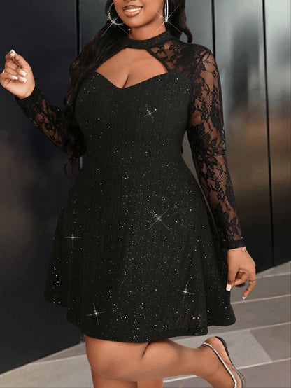 Black Sparkle & Lace Stand Collar A-Line Mini Dress