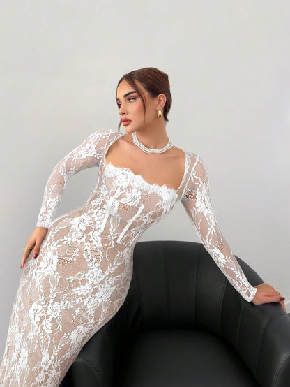 Women's Elegant Lace Bodycon Maxi Dress