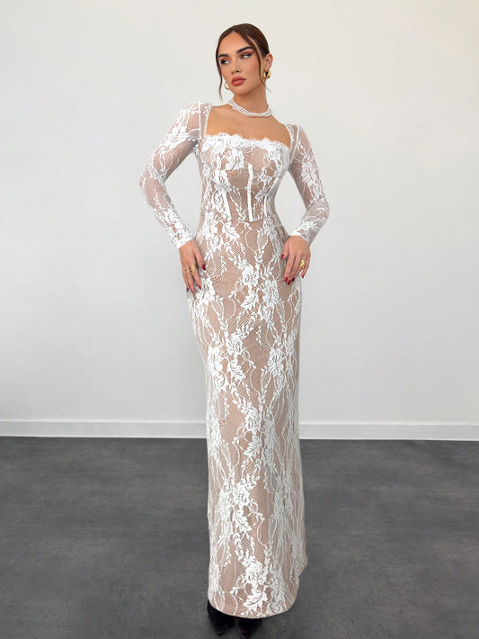 Women's Elegant Lace Bodycon Maxi Dress