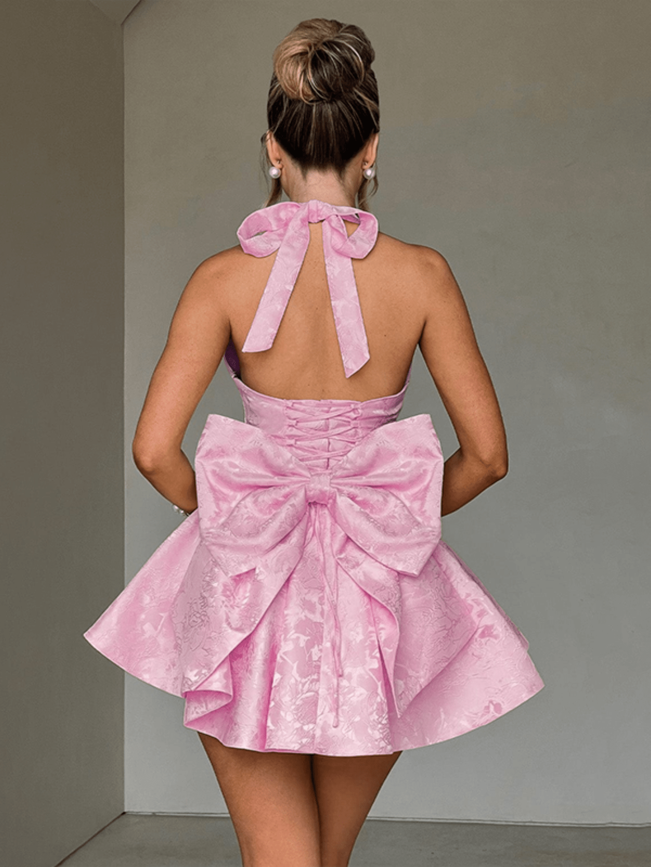 Women's Pink Jacquard Halter A-Line Mini Dress
