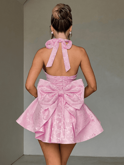 Women's Pink Jacquard Halter A-Line Mini Dress