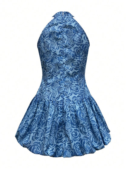 Boho Blue Floral Halter Backless Mini Dress