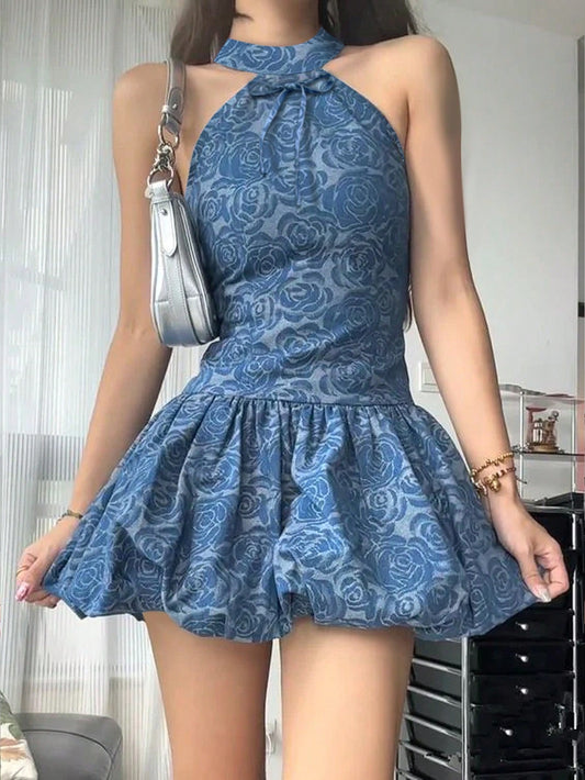 Boho Blue Floral Halter Backless Mini Dress