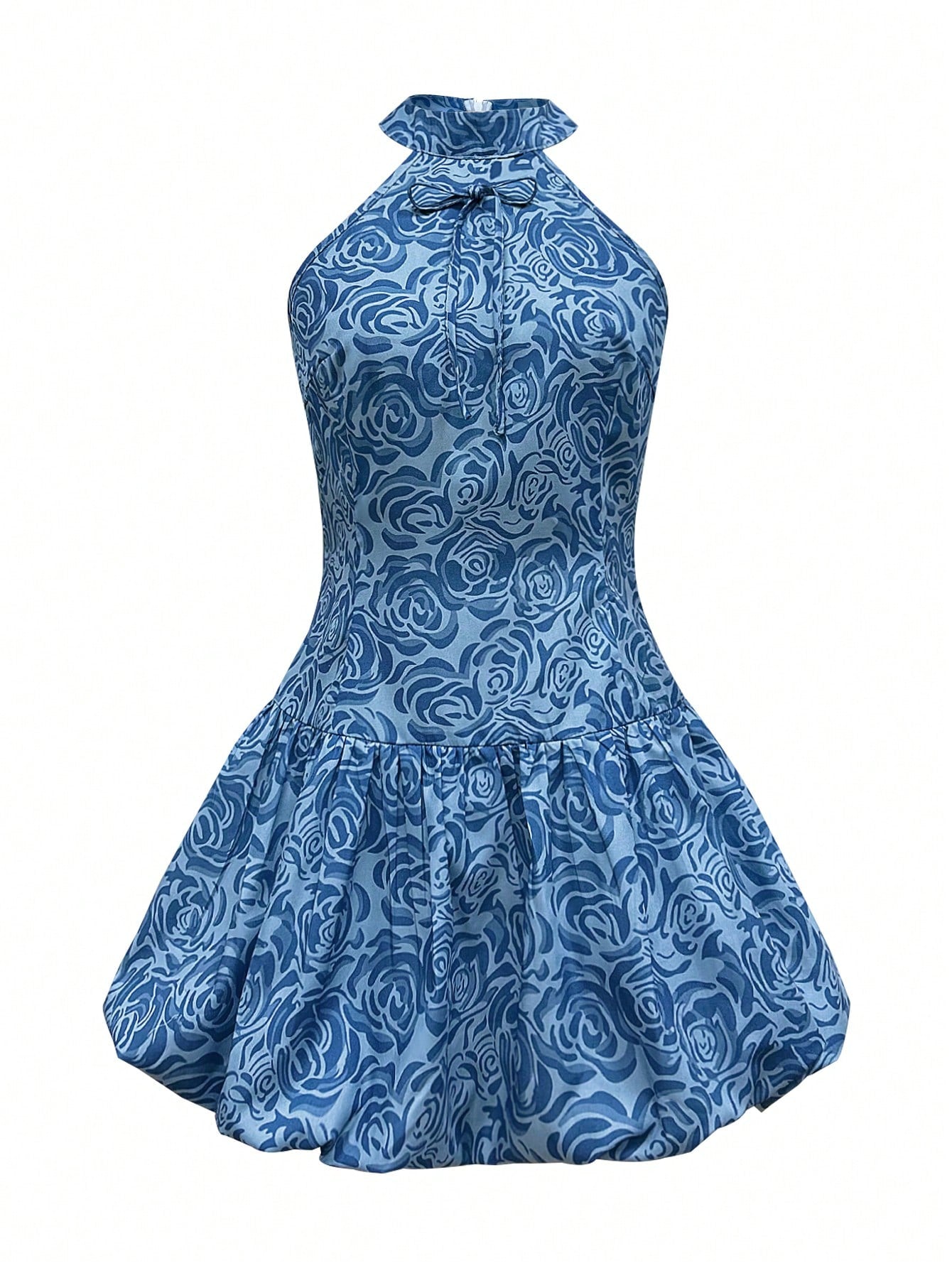 Boho Blue Floral Halter Backless Mini Dress