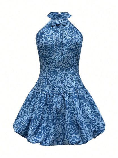 Boho Blue Floral Halter Backless Mini Dress