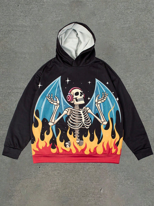 Men's Contrast Skull Flame Print Hoodie
