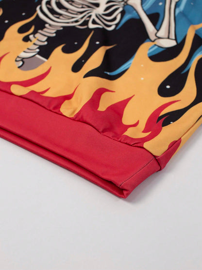 Men's Contrast Skull Flame Print Hoodie