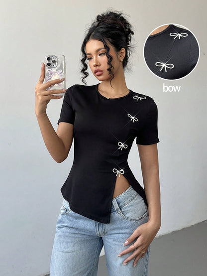 Women's Rhinestone Bow Side Slit T-Shirt