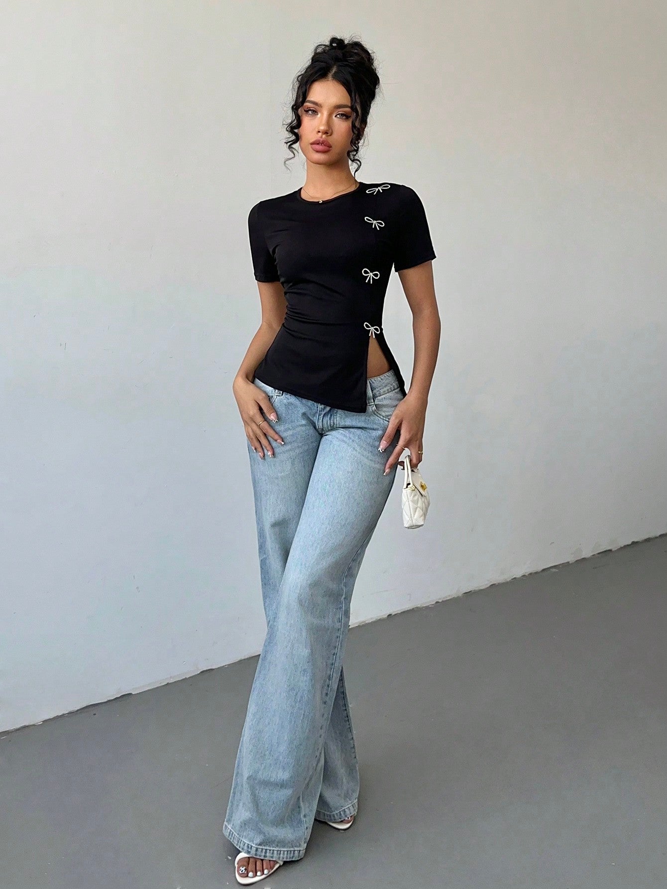 Women's Rhinestone Bow Side Slit T-Shirt