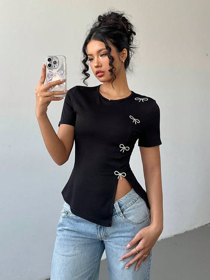 Women's Rhinestone Bow Side Slit T-Shirt