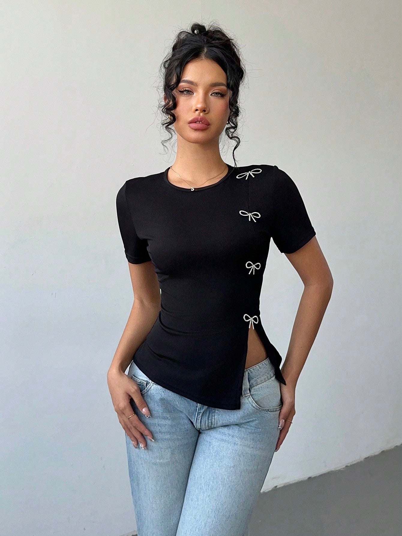 Women's Rhinestone Bow Side Slit T-Shirt