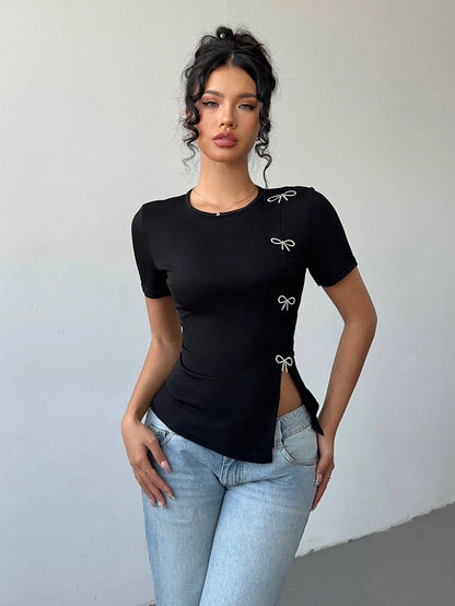 Women's Rhinestone Bow Side Slit T-Shirt