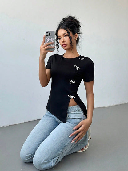 Women's Rhinestone Bow Side Slit T-Shirt