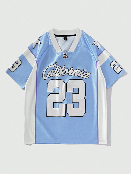 Men's Blue Raglan V-Neck Football Jersey