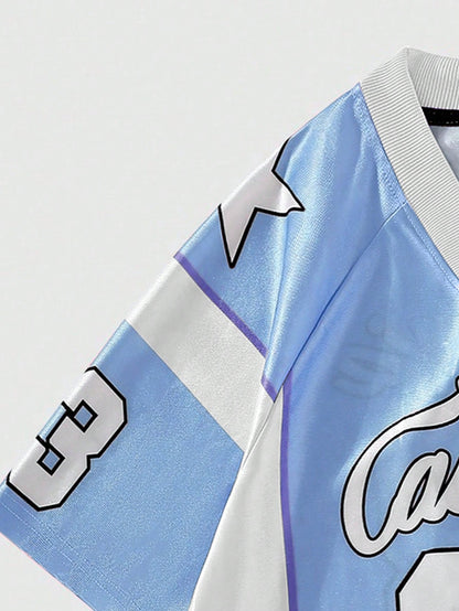 Men's Blue Raglan V-Neck Football Jersey