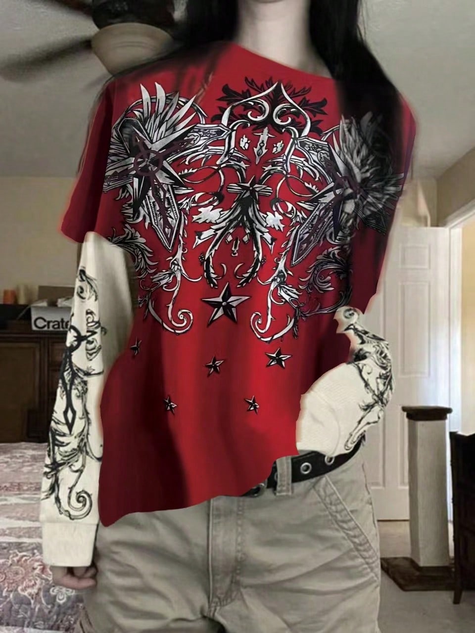 Solid Color Patchwork Crew Neck Long Sleeve Top