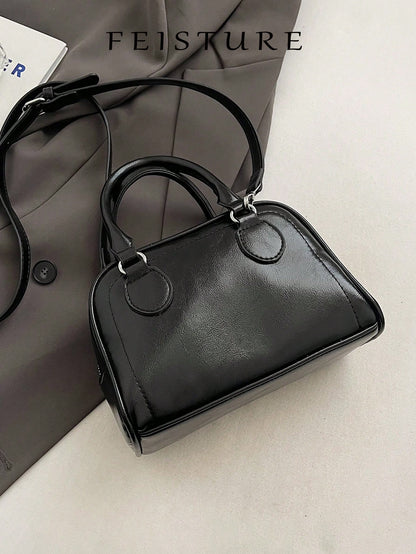 Vintage PU Leather Bowling Bag Square Crossbody Handbag