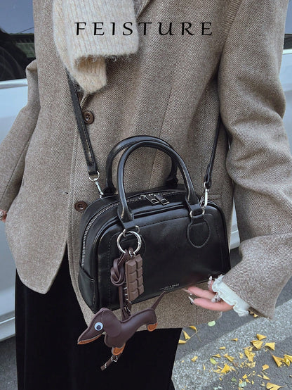 Vintage PU Leather Bowling Bag Square Crossbody Handbag