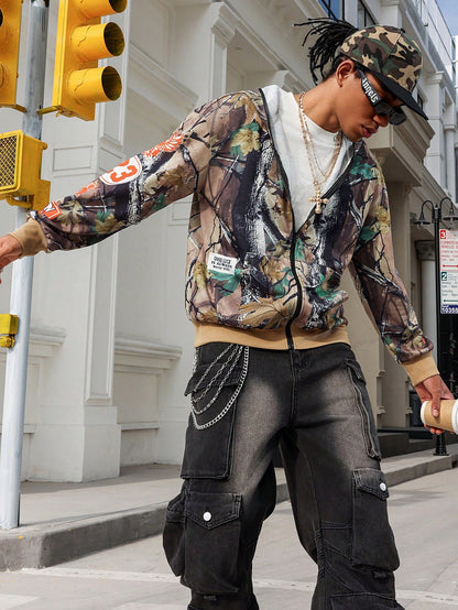 Men's Branch Print Streetwear Zip Up Hoodie