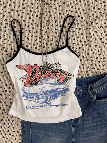 Vintage Race Car Leopard Print Cami Crop Top