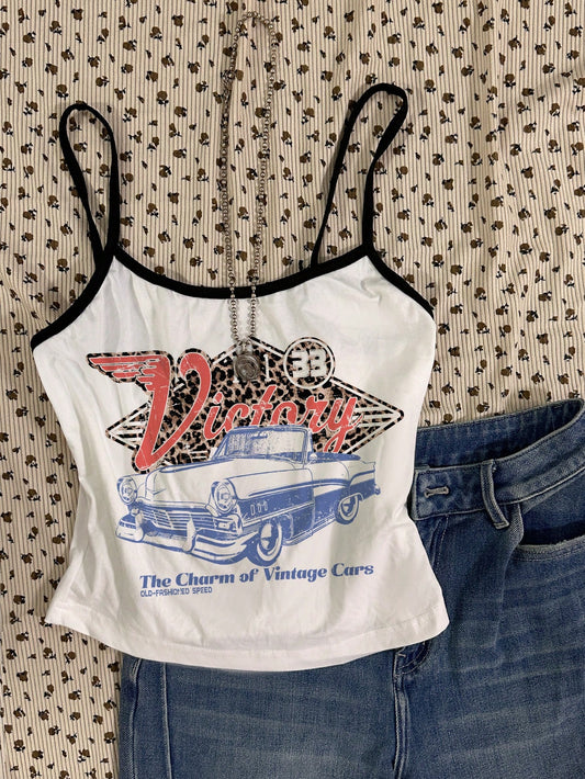 Vintage Race Car Leopard Print Cami Crop Top