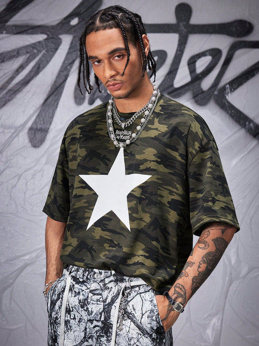 Manfinity Army Green Camo Star Print Loose Knit Jersey