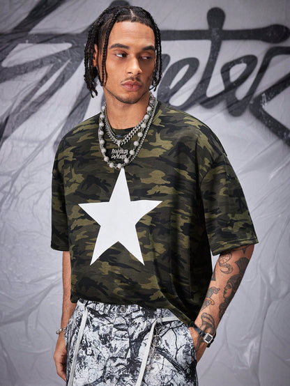 Manfinity Army Green Camo Star Print Loose Knit Jersey