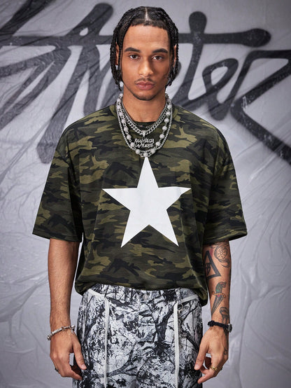 Manfinity Army Green Camo Star Print Loose Knit Jersey