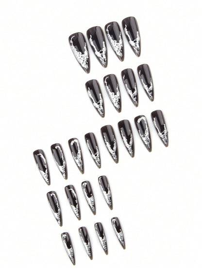 Gothic Deep Red Metallic Heart Long Stiletto Nails