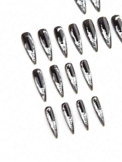Gothic Deep Red Metallic Heart Long Stiletto Nails