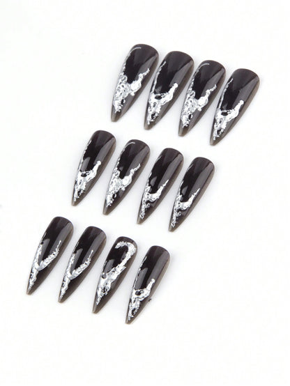 Gothic Deep Red Metallic Heart Long Stiletto Nails