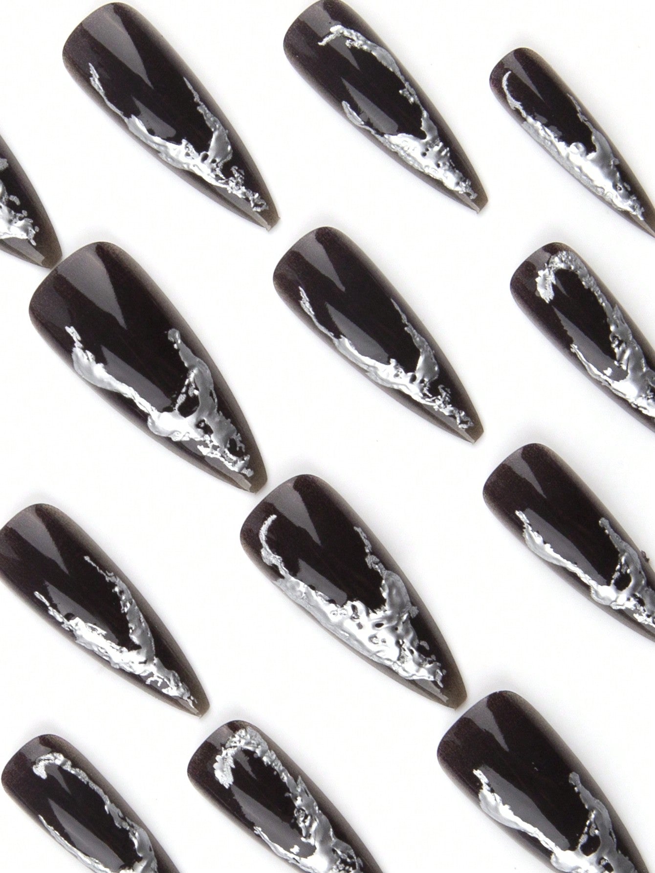Gothic Deep Red Metallic Heart Long Stiletto Nails