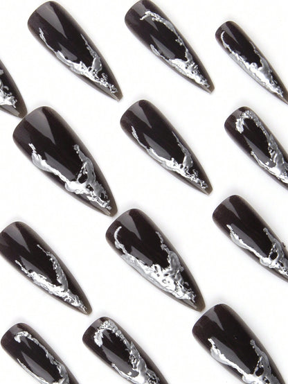 Gothic Deep Red Metallic Heart Long Stiletto Nails