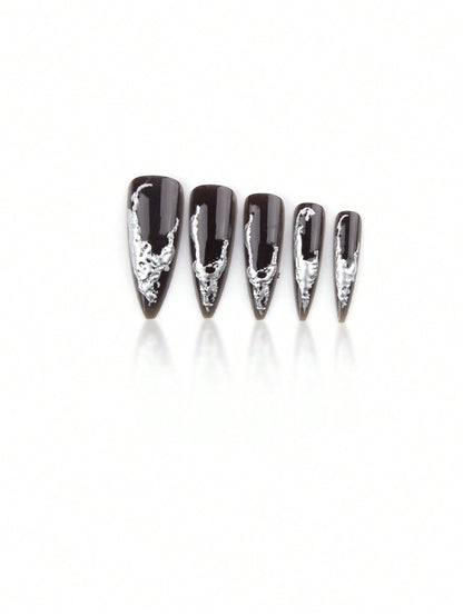 Gothic Deep Red Metallic Heart Long Stiletto Nails