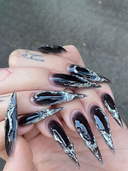 Gothic Deep Red Metallic Heart Long Stiletto Nails