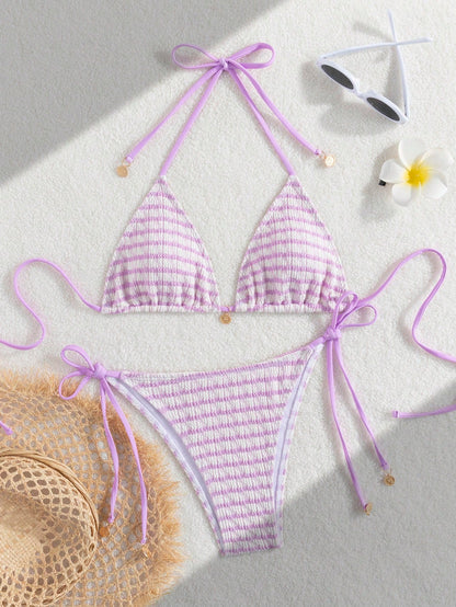 Striped Water Ripple Halter Bikini Two-Piece Set