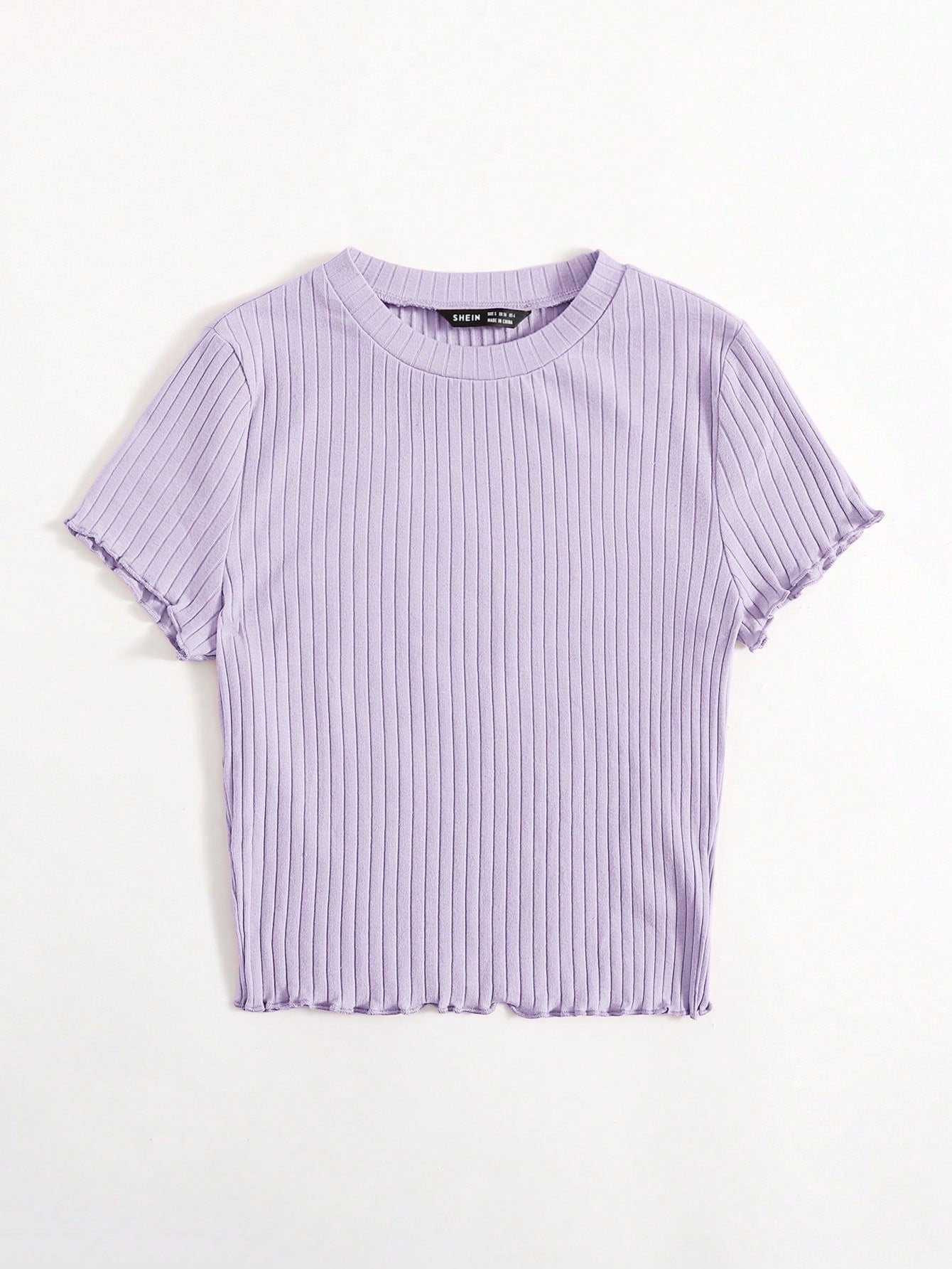 Solid Lettuce Trim Rib-knit Tee