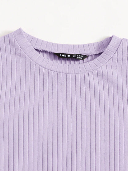 Solid Lettuce Trim Rib-knit Tee