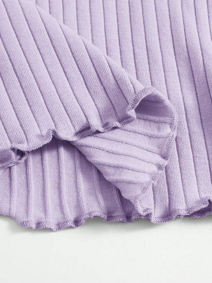 Solid Lettuce Trim Rib-knit Tee