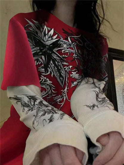 Solid Color Patchwork Crew Neck Long Sleeve Top