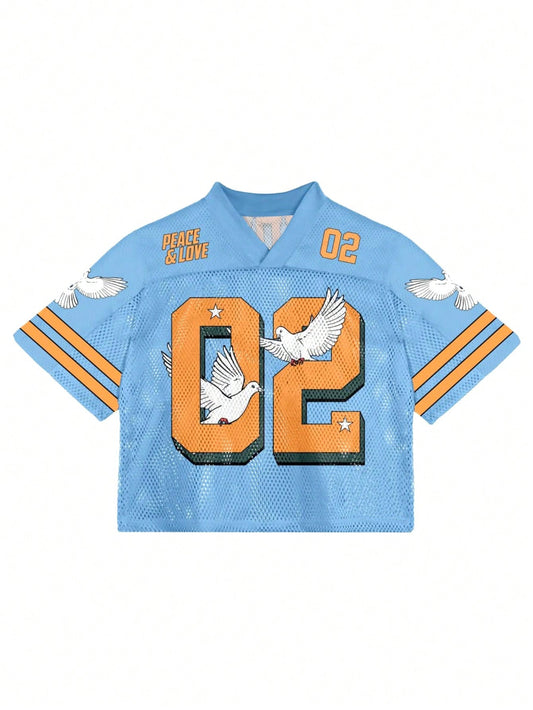 Multicolor Perforated Splicing Digital Print V-Neck Jersey