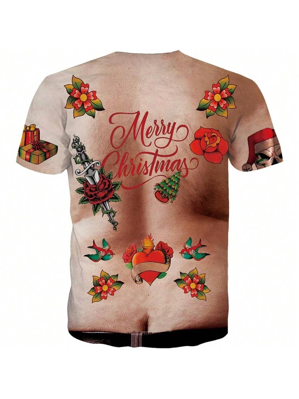 Funny Christmas Tattoo Hairy Chest T-Shirt