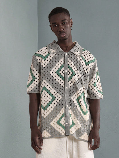 Luxury Crochet Knit Geometric Resort Shirt