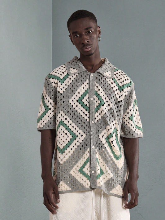 Luxury Crochet Knit Geometric Resort Shirt