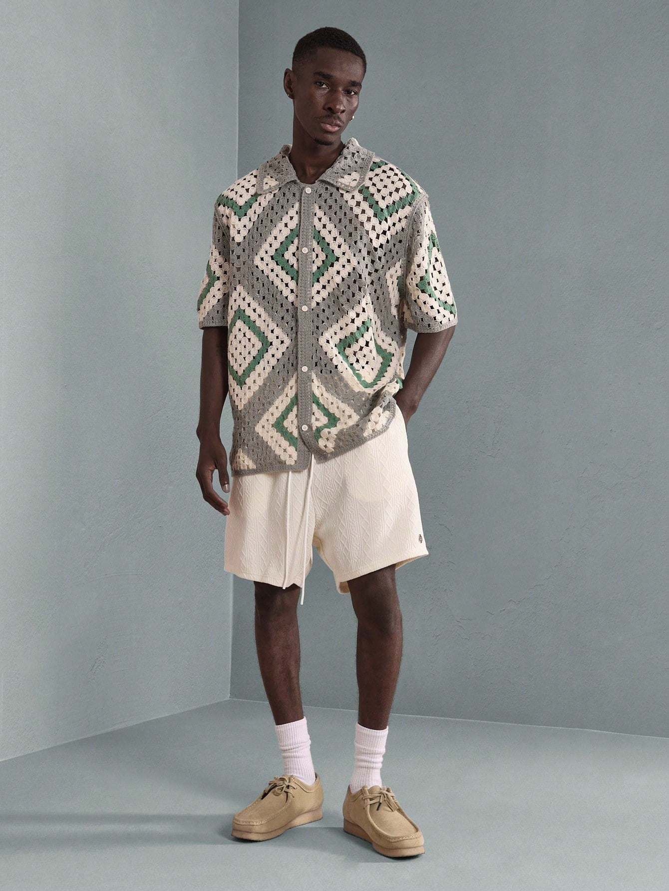Luxury Crochet Knit Geometric Resort Shirt