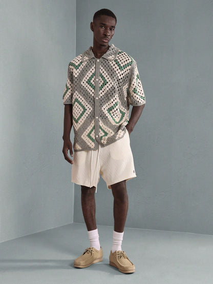 Luxury Crochet Knit Geometric Resort Shirt