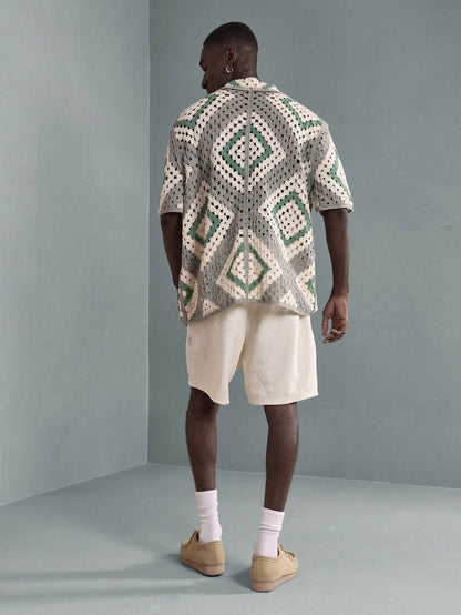 Luxury Crochet Knit Geometric Resort Shirt