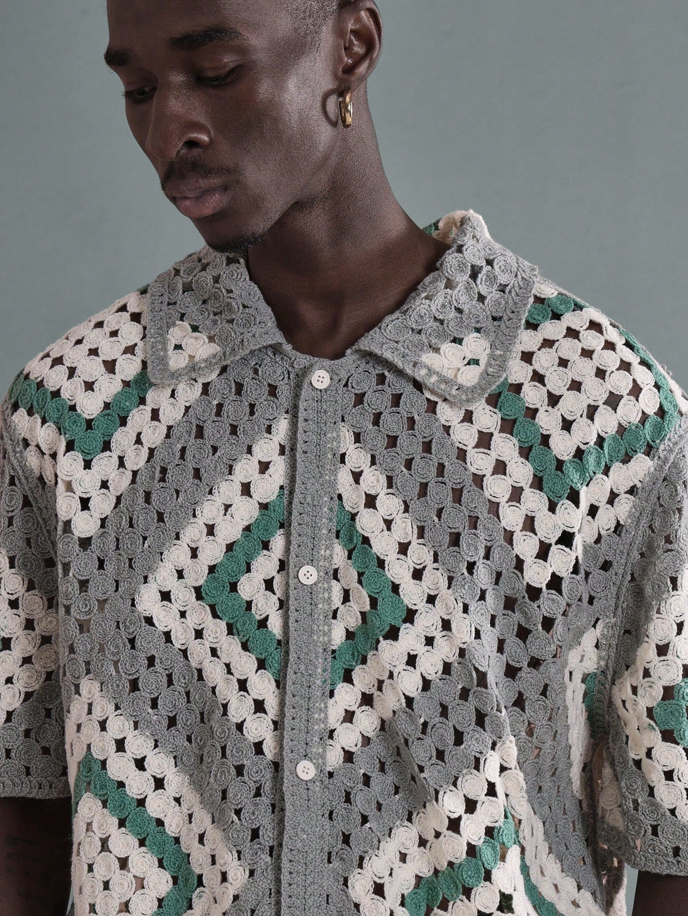 Luxury Crochet Knit Geometric Resort Shirt
