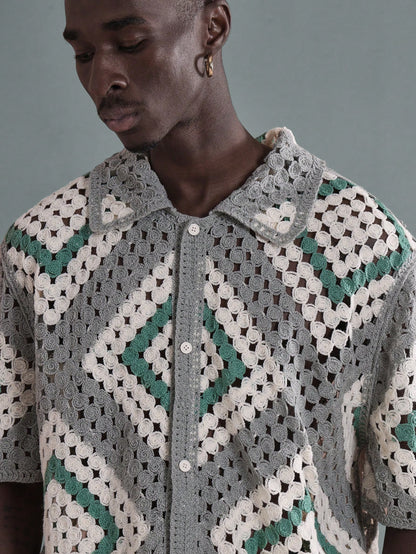Luxury Crochet Knit Geometric Resort Shirt